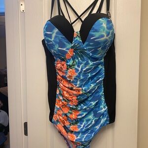 Torrid Blue and Black One Piece Swimsuit with Sweetheart Neckline